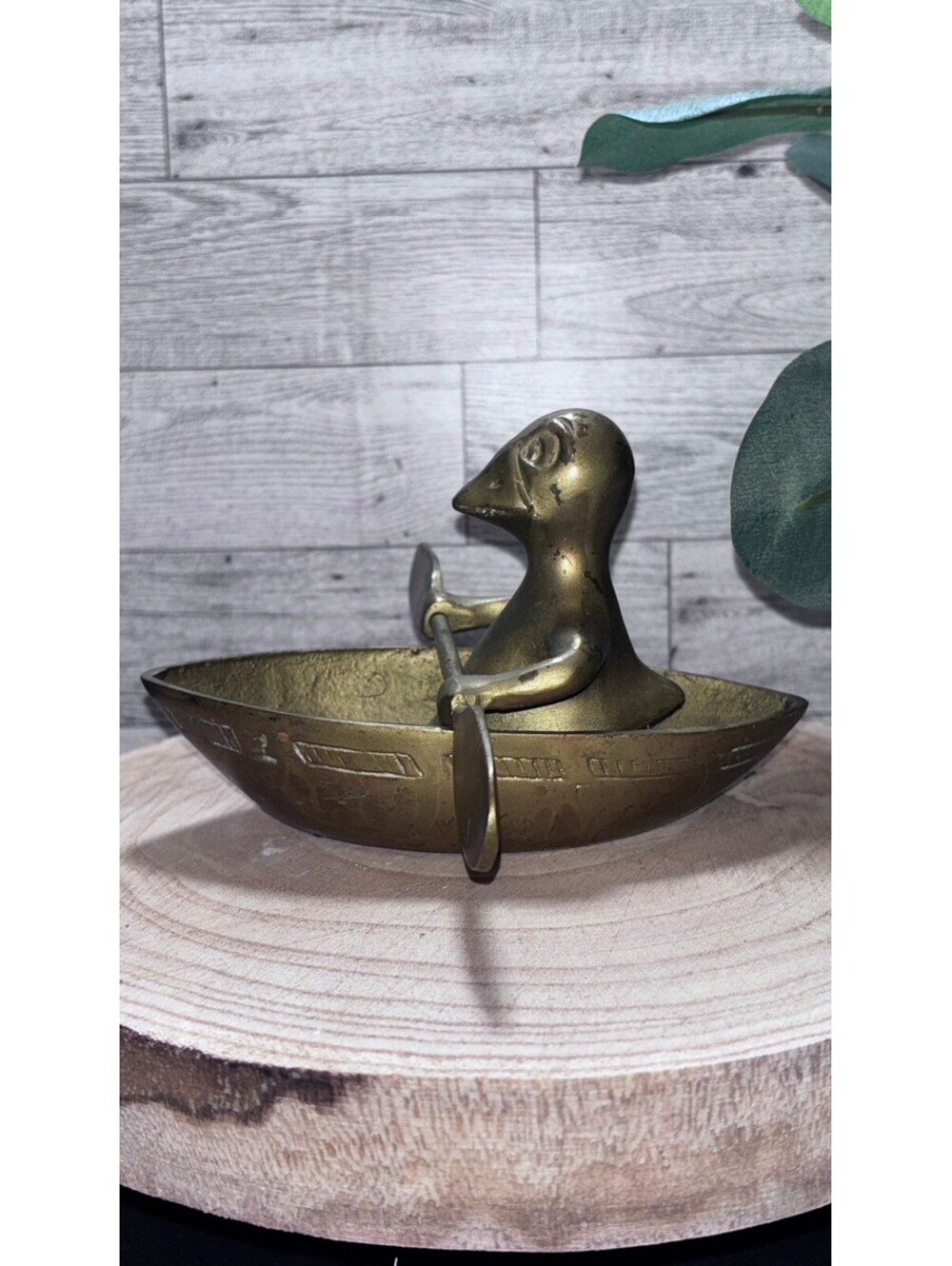 Vintage Brass Duck Figurine in Rowboat with Oars Decorative Collectible-MCM